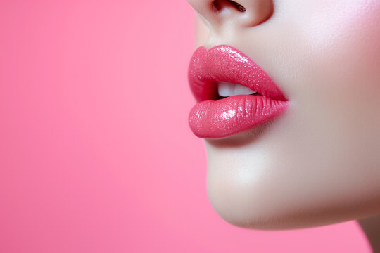 close up of a female lips. Sexual full lips. Natural gloss of lips and woman's skin. Increase in lips, cosmetology. Natural lips. . Macro of woman's face part. Beauty pink lip makeup detail. Beautiful