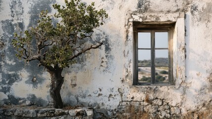  a tree in front of an old building with a window and a tree in front of a stone wall with a window pane and a small tree in the foreground.
