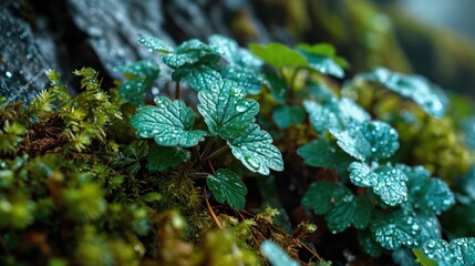  a close up of a leafy plant with drops of water on it and moss growing on the side of a tree trunk with green leaves and moss growing on the side of it.