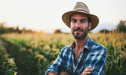 Fototapeta premium Portrait of a happy young farmer in their field on a summer evening