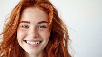 Close up of a happy individual with bright red hair and distinct freckles, demonstrating a joyful expression.