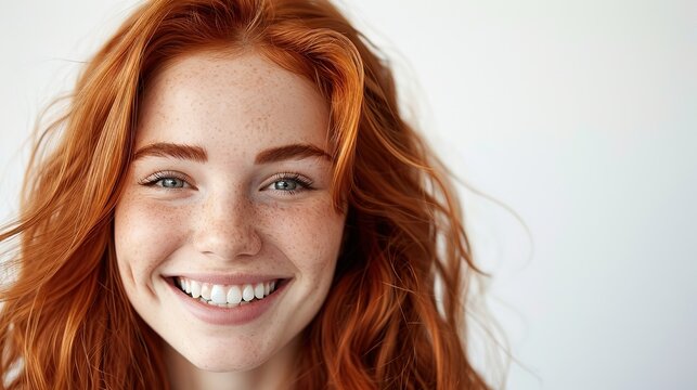 Close up of a happy individual with bright red hair and distinct freckles, demonstrating a joyful expression.