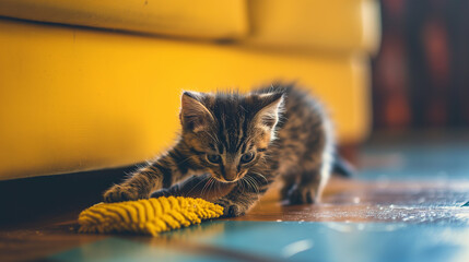 little kitten on the floor, cleaning room, ai