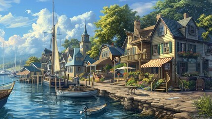  a painting of a village by the water with a boat in the foreground and a sailboat in the foreground, and a man standing on the dock in the foreground. - obrazy, fototapety, plakaty