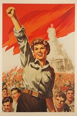 Soviet propaganda poster of a woman holding a red flag