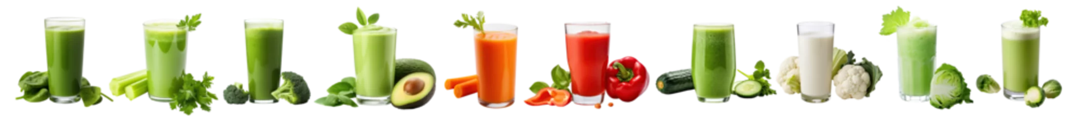 Foto op Plexiglas Set of freshly pressed vegetable juice smoothie with veggie toppings, carrots, cucumber, cauliflower, broccoli, pepper, spinach, celery, youth, avocado. Isolated cutout on transparent background © innluga