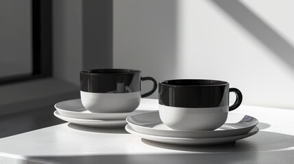  a couple of cups and saucers sitting on top of a white table next to each other on a white table with a black stripe on the cup and saucer.