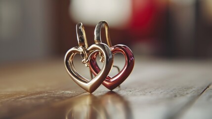  a pair of heart shaped earrings sitting on top of a wooden table next to a red and gold heart shaped earring on top of another pair of heart shaped earrings.