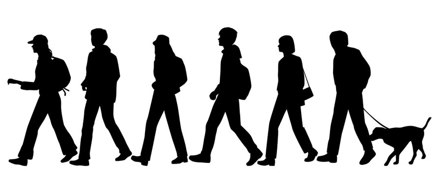 Vector silhouettes of  men and a women, a group of walking   business people, profile, man with a dog, black color isolated on white background