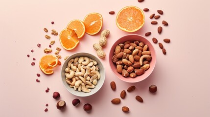  a bowl of nuts, oranges, and almonds next to a bowl of cashews and an orange slice on a pink surface with a pink background.