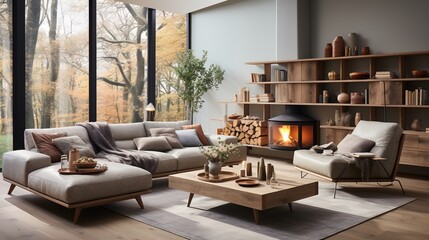 Fototapeta premium A modern living room with a fireplace and a large window