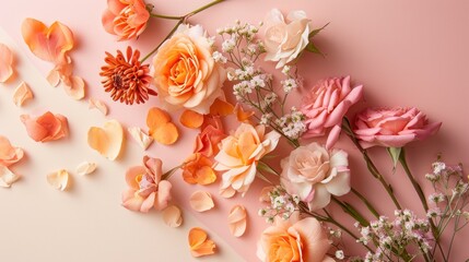  a close up of a bunch of flowers on a pink background with petals and petals scattered on the side of the image and the petals on the side of the wall.