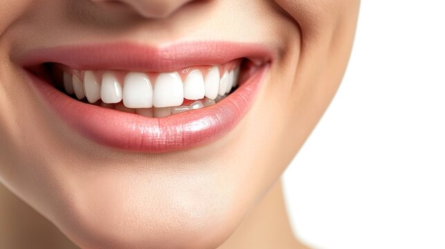 This is a close-up image focusing on a person's smiling mouth with white teeth and pink lips.