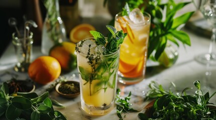 Fototapeta premium a table topped with two tall glasses filled with different types of drinks and garnished with herbs and oranges next to a couple of glasses filled with oranges.