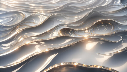 Imagen tridimensional de textura metálica en un fondo de ondas con diseño elegante  de colores suaves que crean un mar de ondas brillantes