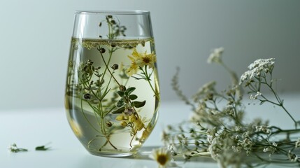  a close up of a wine glass with a flower inside of it and a bunch of flowers in the middle of the glass, on a table with a white background.