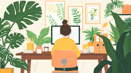 Green Oasis Home Office Tranquil Workspace with Lush Indoor Plants Virtual Meeting, Nature-Inspired