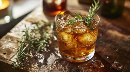 Fototapeta premium a glass filled with ice and a sprig of rosemary sitting on top of a wooden table next to a bottle of booze and a glass of booze.