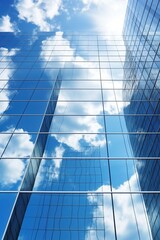 Blue glass skyscraper reflecting clouds