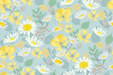 Fototapeta na wymiar seamless pattern with flowers. Floral Spring summer white yellow flowers batik pattern background border frame vector illustration. Flowers motifs.