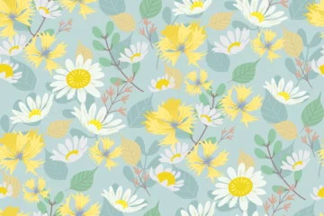 Behang seamless pattern with flowers. Floral Spring summer white yellow flowers  batik pattern background border frame vector illustration. Flowers motifs. © Wita Pixs