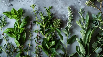  a table topped with lots of different types of green leafy plants on top of a gray counter top next to a cup of water and a bottle of tea.
