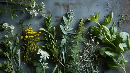  a bunch of different types of herbs on a gray surface with yellow flowers and green leaves on the top and bottom of the picture