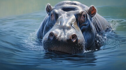 Fototapeta premium a close up of a hippopotamus in a body of water with it's head above the water's surface, with its eyes wide open.