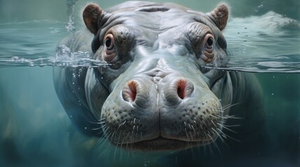  a close up of a hippopotamus in the water with it's head above the water's surface, with its eyes wide open wide open.