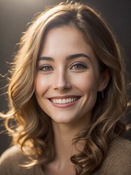 A closeup photo portrait of a beautiful young blonde model woman smiling with clean teeth, isolated on dark background. Studio Light