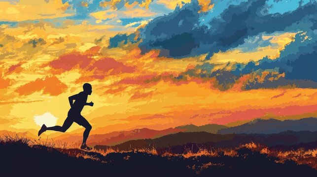  a painting of a man running on a hill with a beautiful sunset in the background of the image behind him is a silhouette of a man running on a hill.