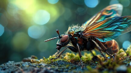  a close - up of a fly on a mossy surface with boke of light shining on the ground and in the background, a blurry boke of the foreground.