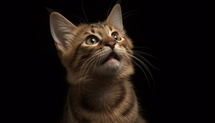 Cute kitten with striped fur, staring at camera, black background generated by AI