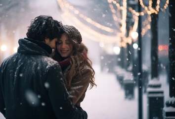 Young couple smiling, embracing, enjoying winter outdoors generated by AI