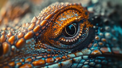 Fototapeta premium a close up of a lizard's eye with orange, blue, and green details on it's body and a black and white stripe around the eye.