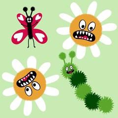 Cartoon retro floral set flower and butterfly pattern for fabrics and linens and kids clothes print