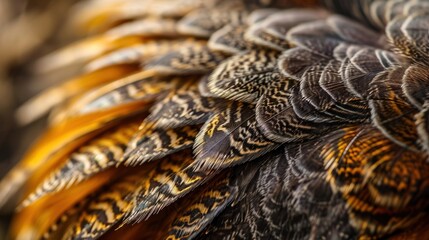  a close up of a bird's feathers with a lot of feathers in it's feathers are brown, black, yellow and white, and black colors.