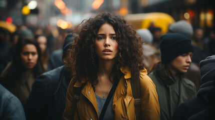 Portrait of sad woman in autumn clothes in crowd - obrazy, fototapety, plakaty