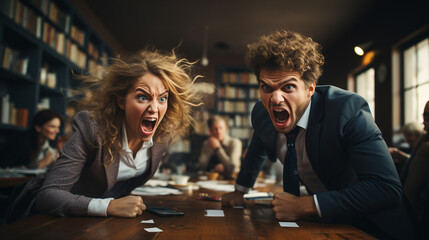 Business director woman and man angry yelling at their subordinates - obrazy, fototapety, plakaty