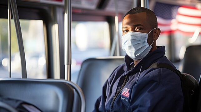 Young African-American man wearing a mask on a bus