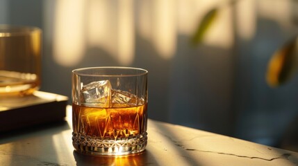  a glass of whiskey sitting on top of a table next to a box of ice cubes and a box of gold foil on top of a marble countertop. - obrazy, fototapety, plakaty