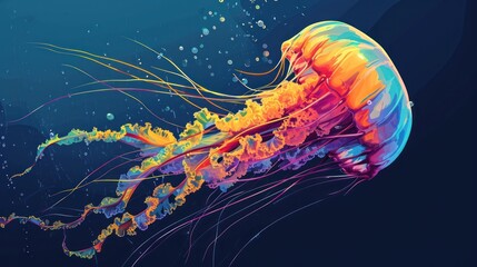  a colorful jellyfish floating in the water with bubbles on it's back and a blue background with bubbles on the bottom of the bottom of the jellyfish. - obrazy, fototapety, plakaty
