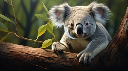  a koala sitting on top of a tree branch next to a green leafy tree branch with a leafy branch in the foreground and a blurry background.