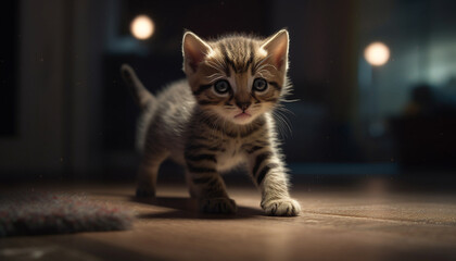 Cute kitten, striped fur, playful, staring with yellow eyes generated by AI