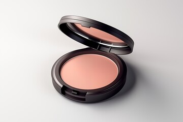 Open compact powder blush with mirror on neutral background