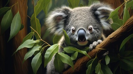  a painting of a koala sitting on a tree branch with leaves around it's neck and eyes wide open