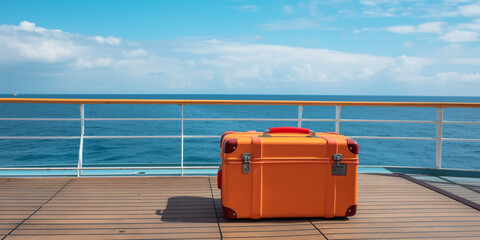 Plastic travel suitcase on the deck of a cruise ship on the ocean. Summer holidays vacation and sea tourism concept