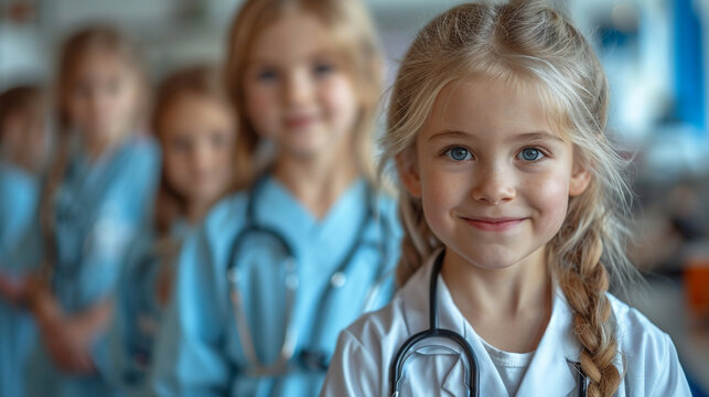 Beautiful little girls in doctor's uniforms, professional orientation