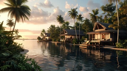 Fototapeta premium a large body of water surrounded by palm trees and a row of small houses next to a body of water surrounded by palm trees and a row of small huts.