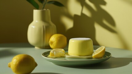  a plate that has some lemons on it and a vase with some lemons in it and a plate with some lemons and a vase on the table.